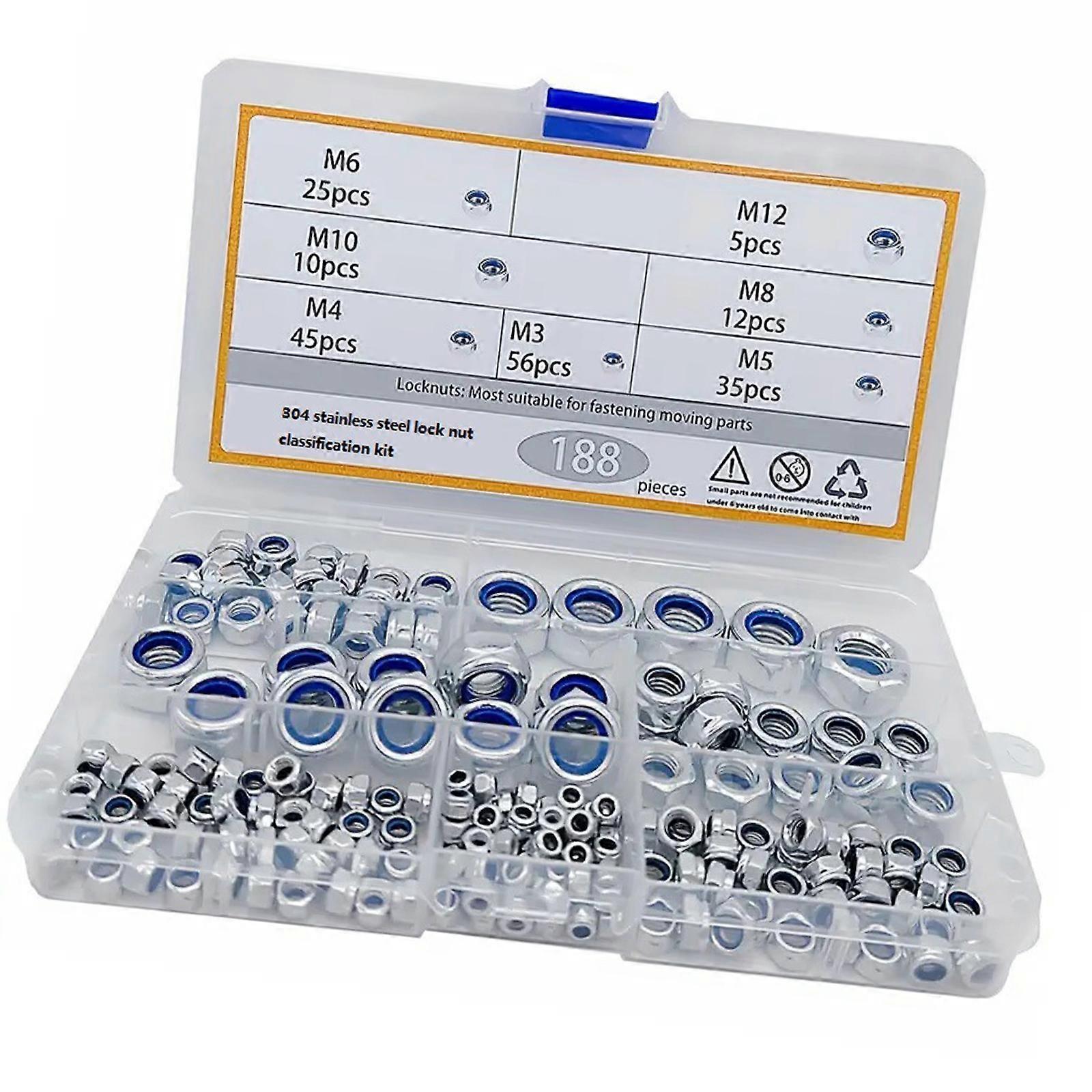 Pack of 188 Multipurpose Steel Nut 3MM to 12MM Not Corrosion Hexagonal Nut set for Indoor Outdoor Mechanical Projects Multicolor