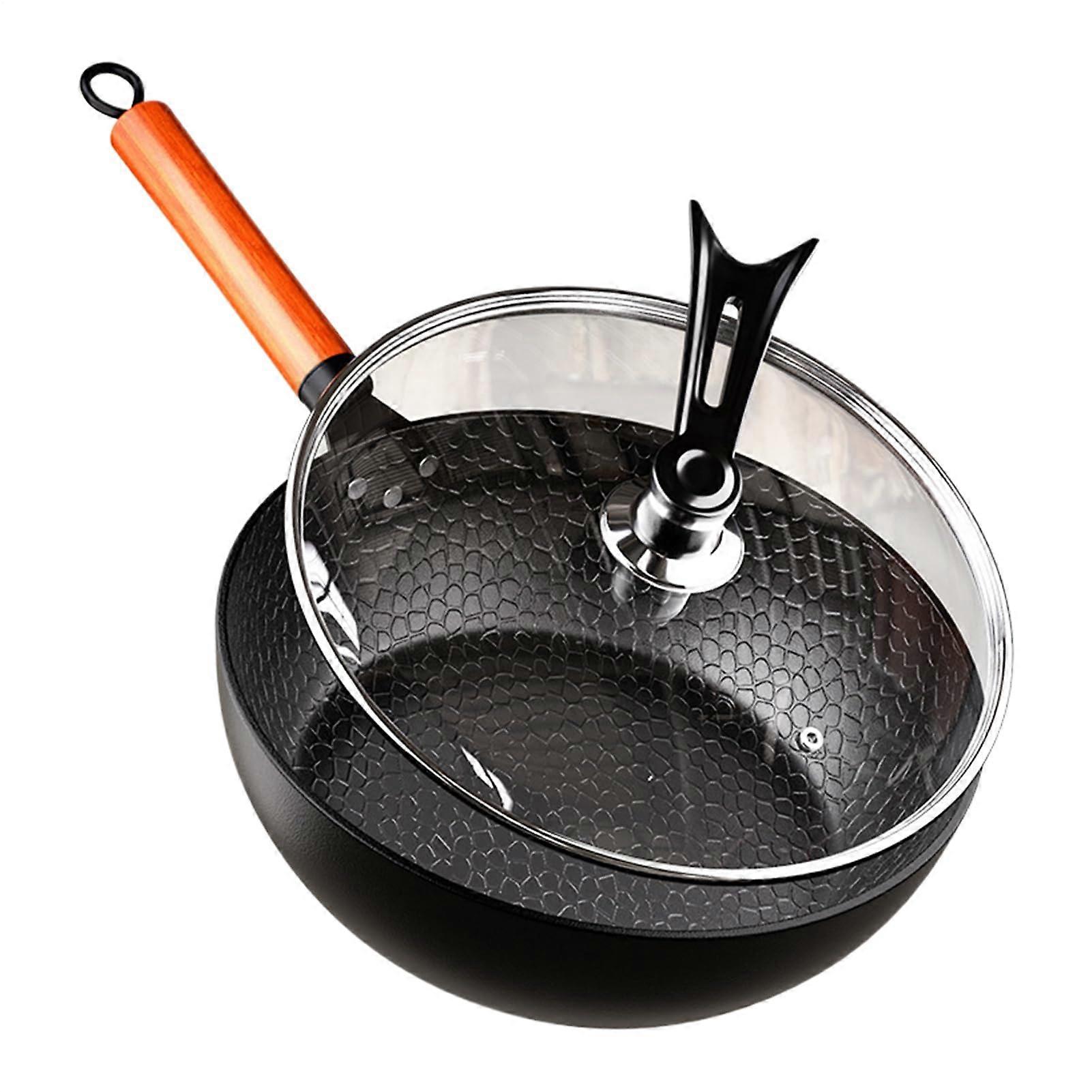 28cm Cast Iron Wok with Lid, Nonstick Frying Pan with Wooden Handle for Induction and Gas Stove Cooking