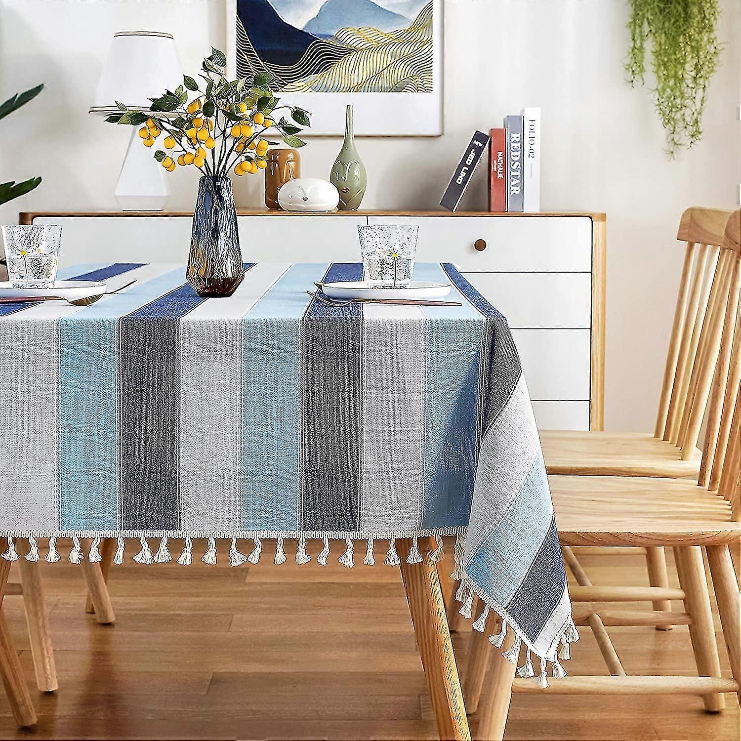 Striped Tassel Nappe Couture Rectangle Nappe Coton Lin Tissu Housse de Table Pour Cuisine Salle à Manger Table 54 X 120 Pouce Bleu