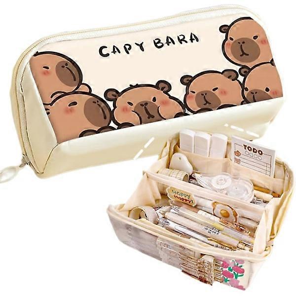 Pencil Case Multilayer Large Capacity Water Pig Print Odd Funny Cute (Beige-2) B
