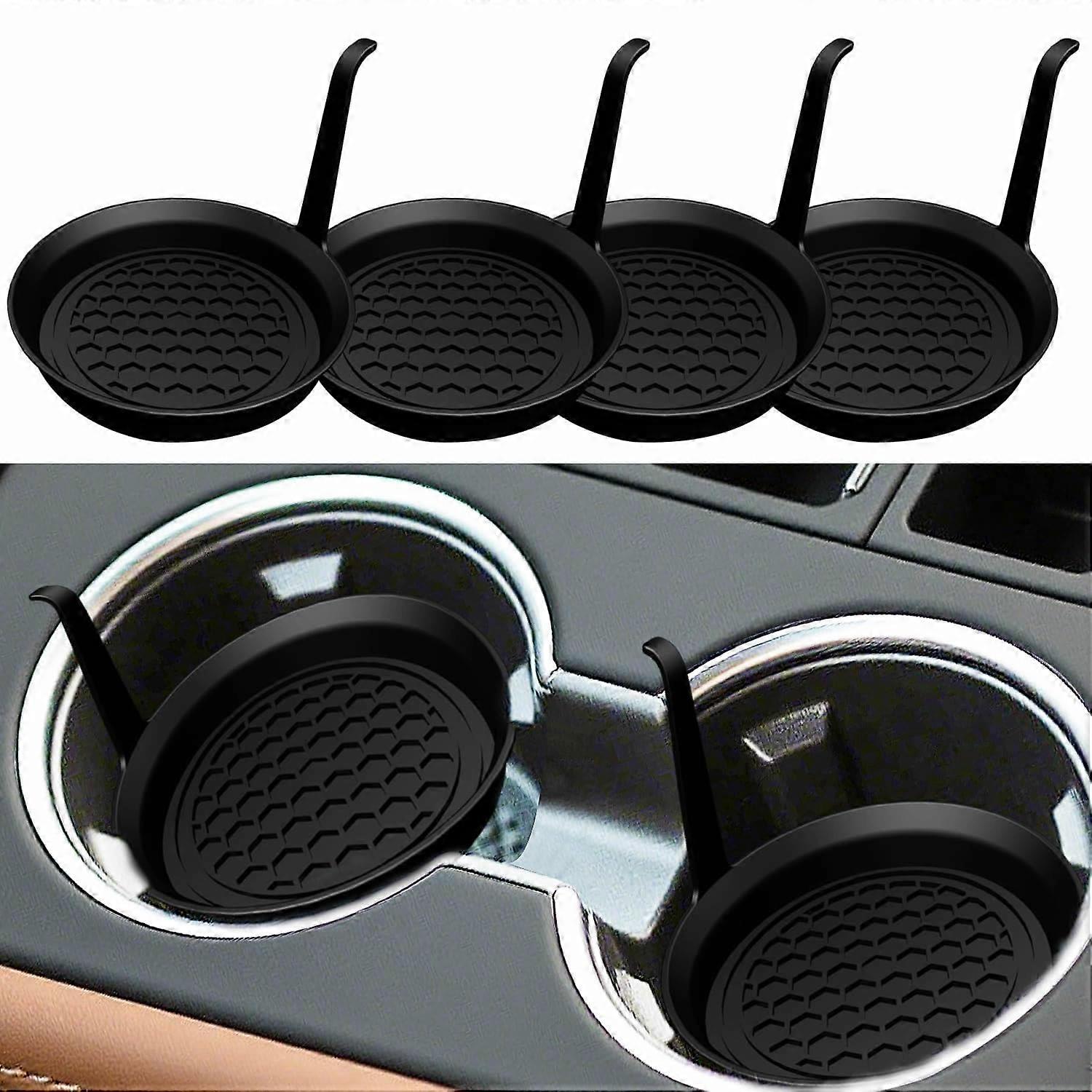 Universal NonSlip Car Cup Holder Coaster with Long Tail Handle, Silicone Insert 4 Pack Black