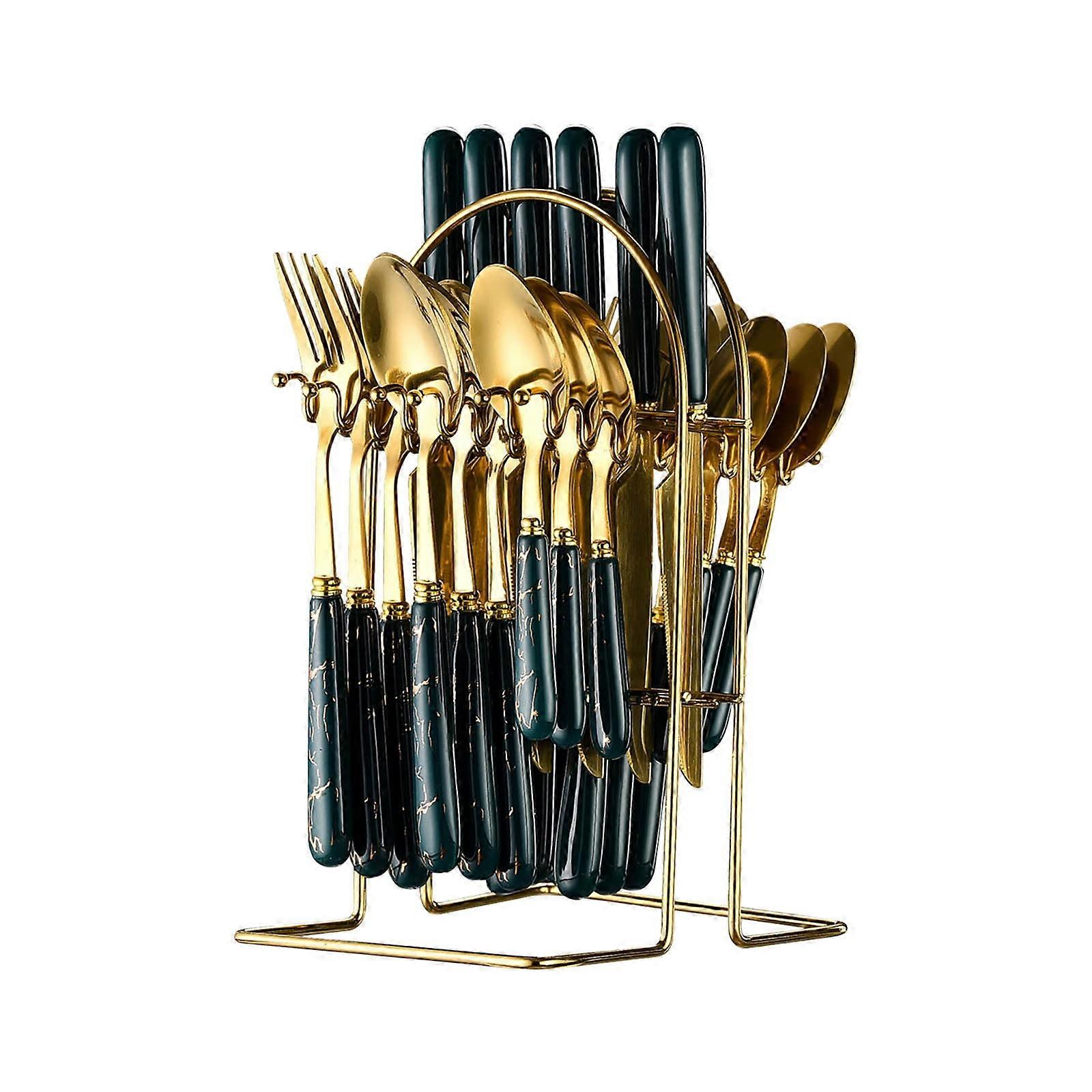 24-Pc Golden Silverware Set w/ Box & Racks, Stainless Steel Flatware, Knife Fork Spoon, Christmas Gift, Kitchen Tableware Kit