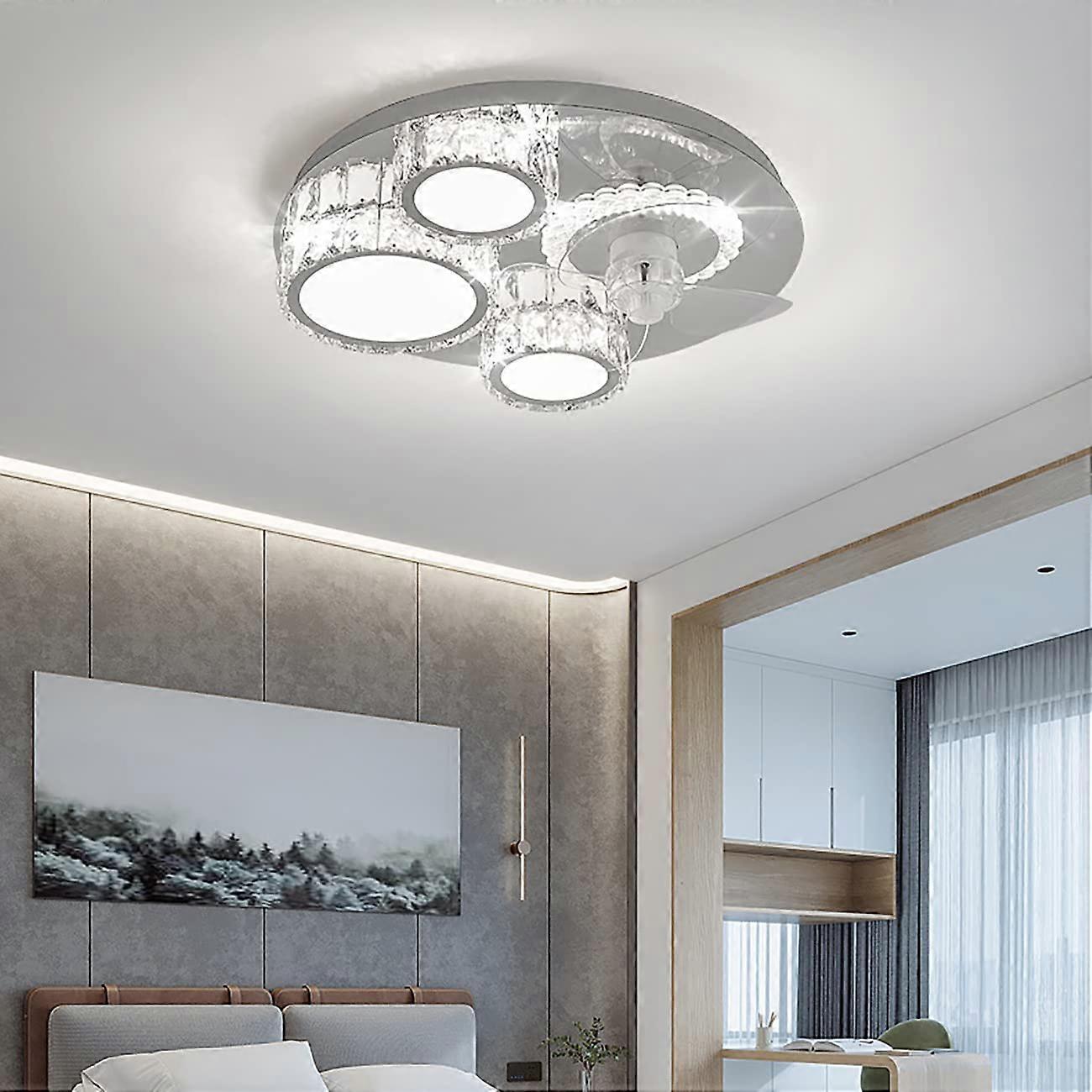 Modern Crystal Ceiling Fan With Lights Remote Control 3Speed Silent Dimmable Timer 50x12cm Living Room Dining Room