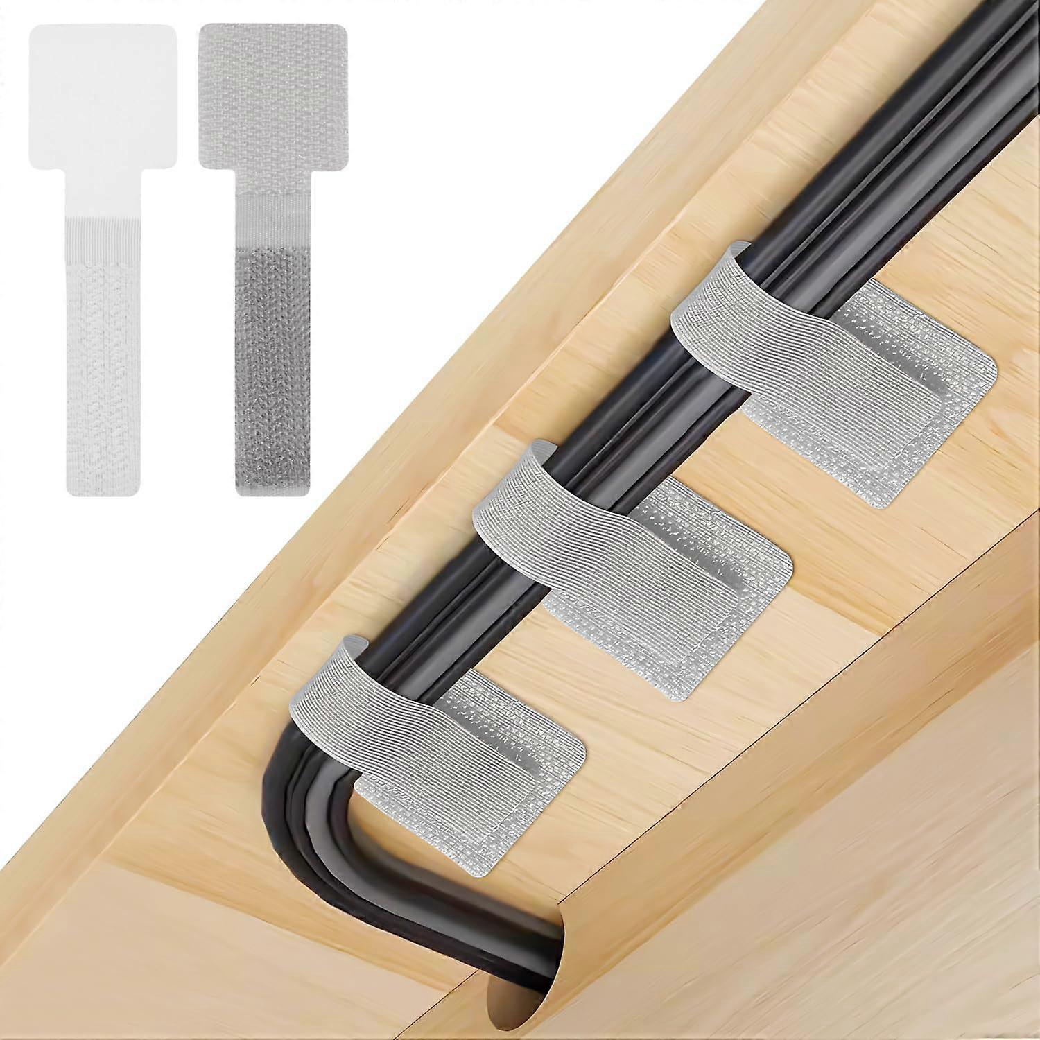 40 PCS SelfAdhesive Hook and Loop Cable Ties for Desk Cable Management, Reusable Cord Organizer Set White Gray