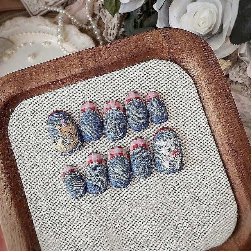Handmade Press on Nails S Size Denim Blue with Red Gingham Tips and Puppy Design Full Coverage Set