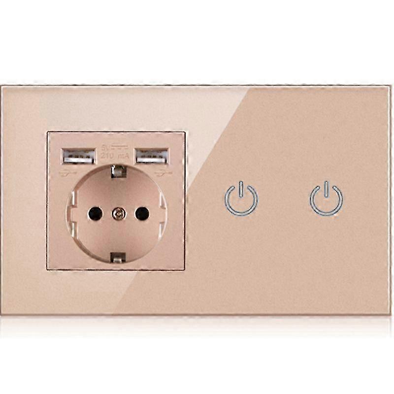 26-27 LED Light Touch Double Switch, EU Power Outlet Socket, 2 USB Charger, Glass Panel German Wall Electrical Socket