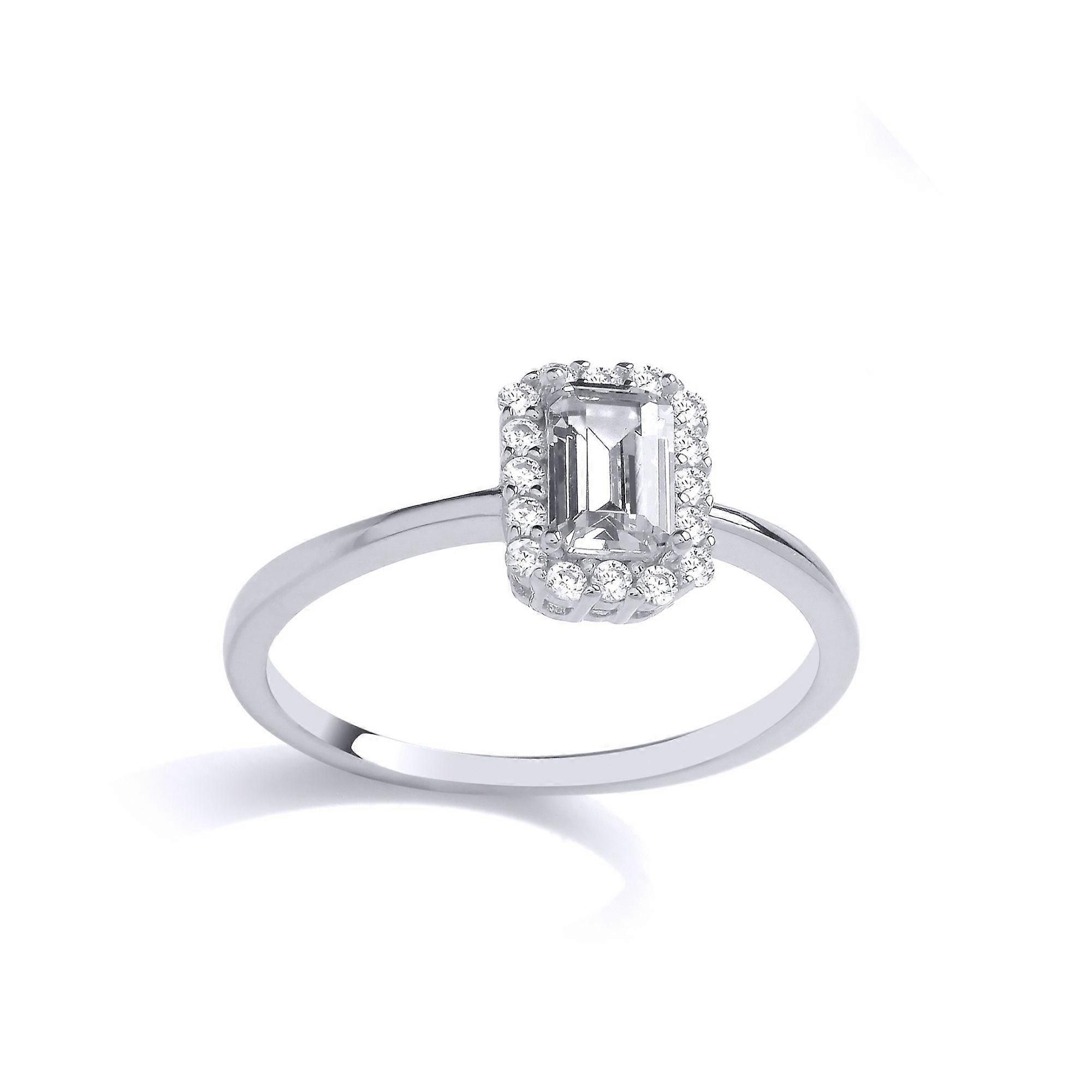 Jewelco London Ladies Rhodium Plated Sterling Silver Emerald CZ Rectangular Halo Solitaire Engagement Ring