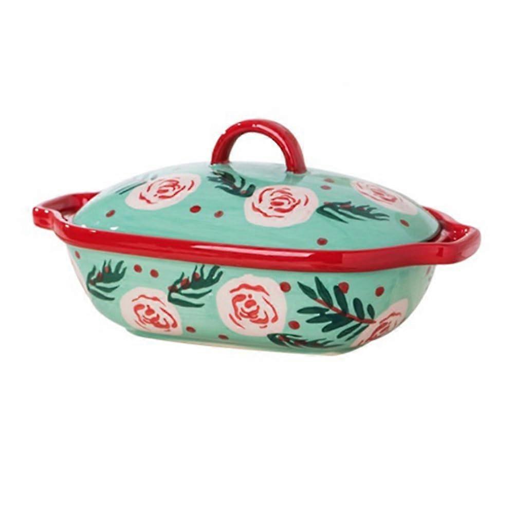 Mint Green Ceramic Baking Dish with Lid and HeatResistant Handles, HandPainted Floral Pattern
