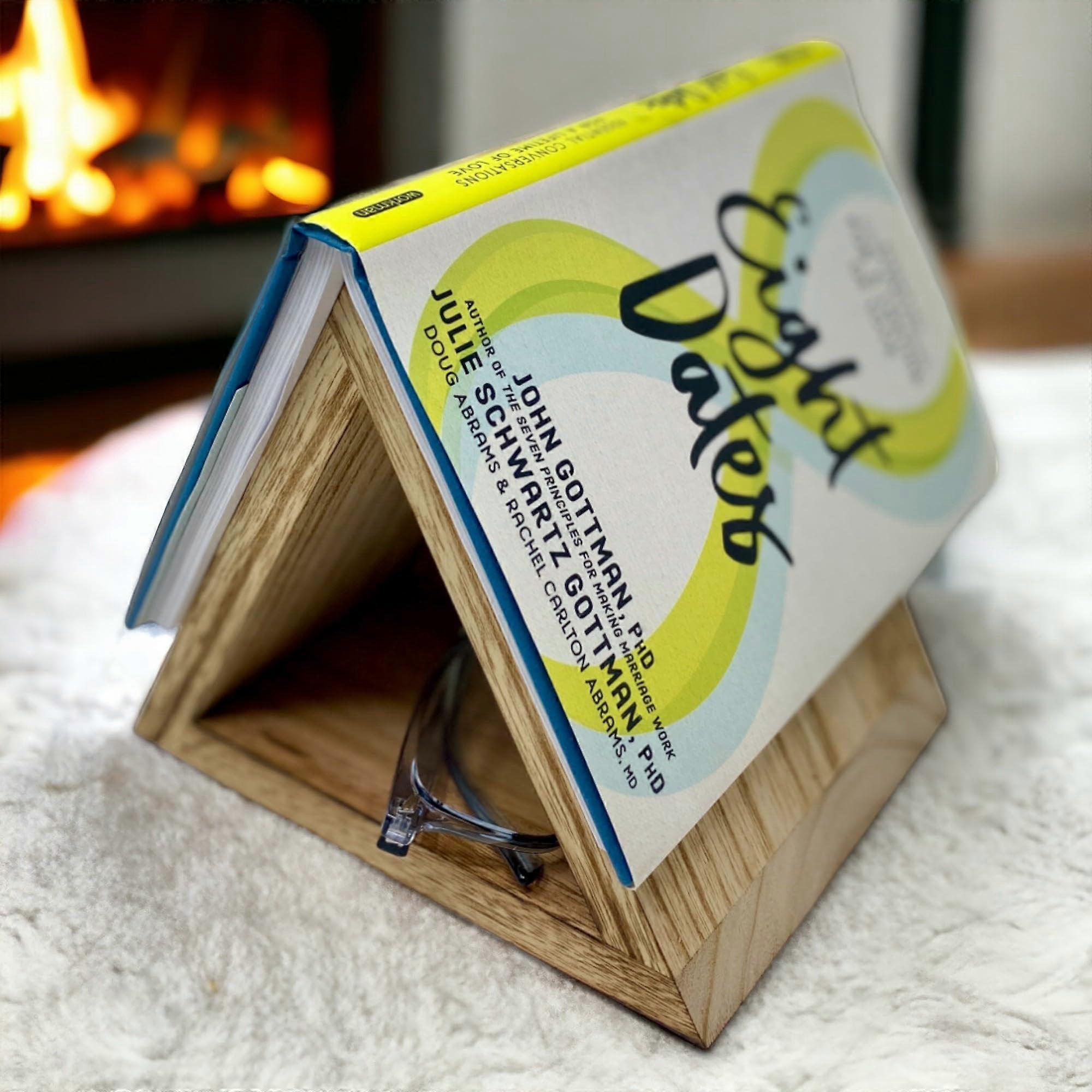 Wooden Book Stand Bamboo Holder with Storage Cubby, Modern Triangular Design, No Assembly Required