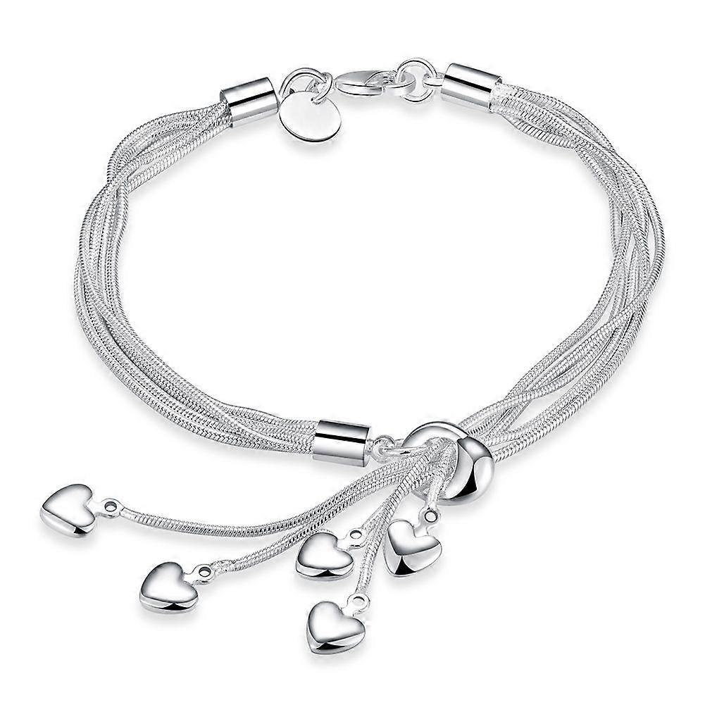 925 Sterling Silver Five-Line Chain with Five-Heart Bracelet Bangle