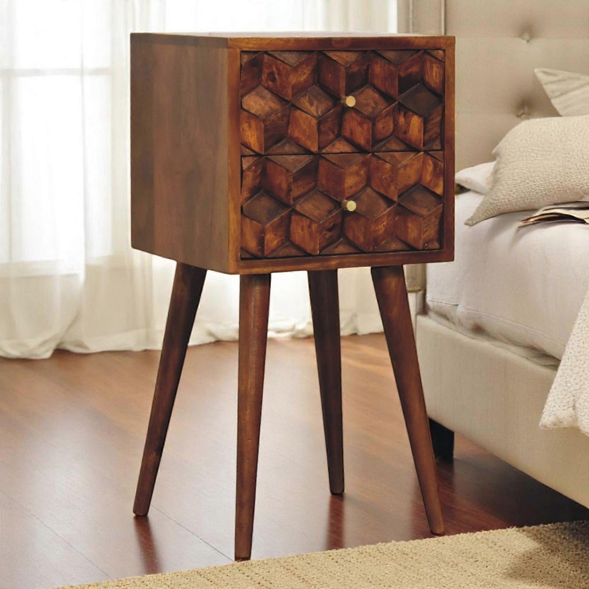 Solid Wood Mini Chestnut Cube Bedside, 2 Drawers, Dark Brown