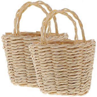Miniature Basket with Handle for Storage Use Set of 8 Khaki Raffia