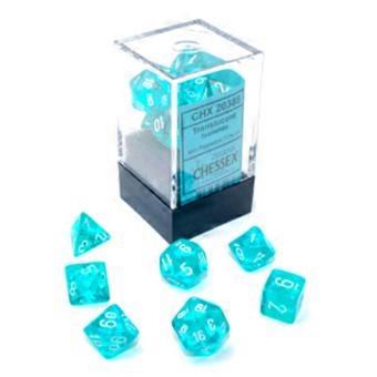 Zestaw 7-elementowych kostek Chessex Mini Polyhedral Translucent Quality w kolorze turkusowo-białym, dla dzieci w wieku 3+ lat