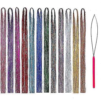 Haar Klatergoud Kit Lokken Met Tool 47inch 12 Kleuren Lokken Fairy Hair Tinsel Kit Hair Extensions Sparkling Glitter Shiny Silk Tinsel (12 Kleuren)