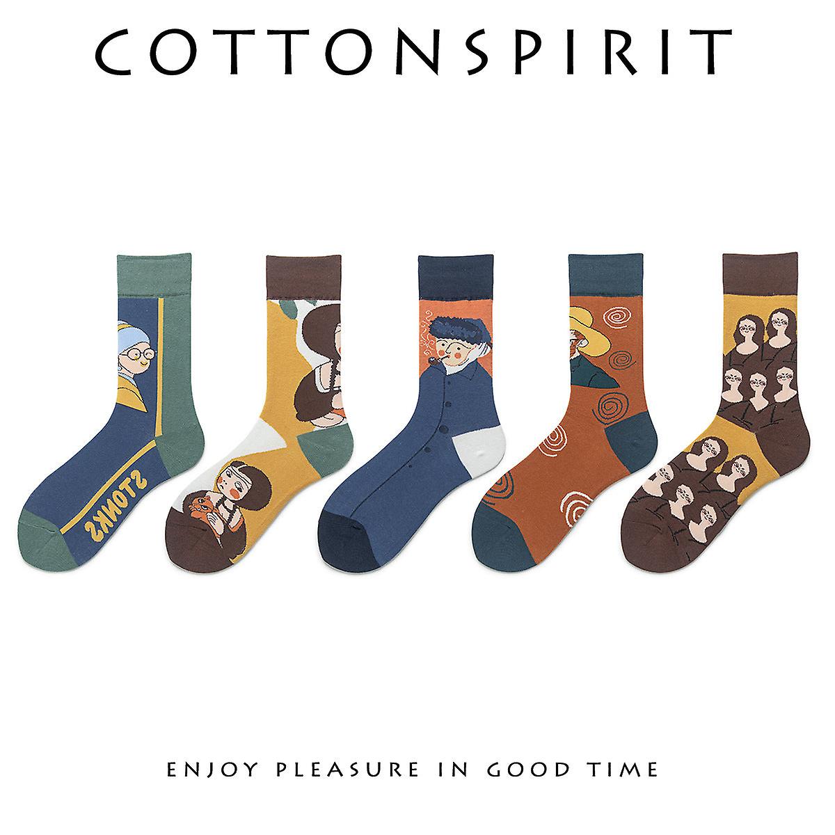 5 Pairs Of Q Version Abstract Art Paintings Mid-calf Socks Trendy Printed Adult Men's And Women's Socks