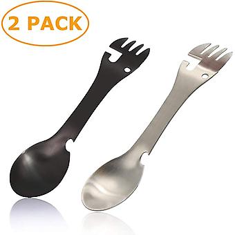 2 PCS 7" x 1,3" 5 in1 Edelstahl Funktionales Multi-Besteck Spork Camping-Utensil Messer Löffel Gabel Flaschenöffner