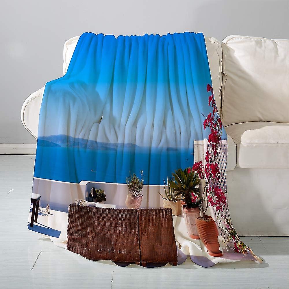 Flanellteppe Sofa Throwmodern, Middelhavet Utsikt over Santorini Egeerhavet Holiday, Blå Lyseblå - Allsidig teppe Fluffy Soft Throw Fo