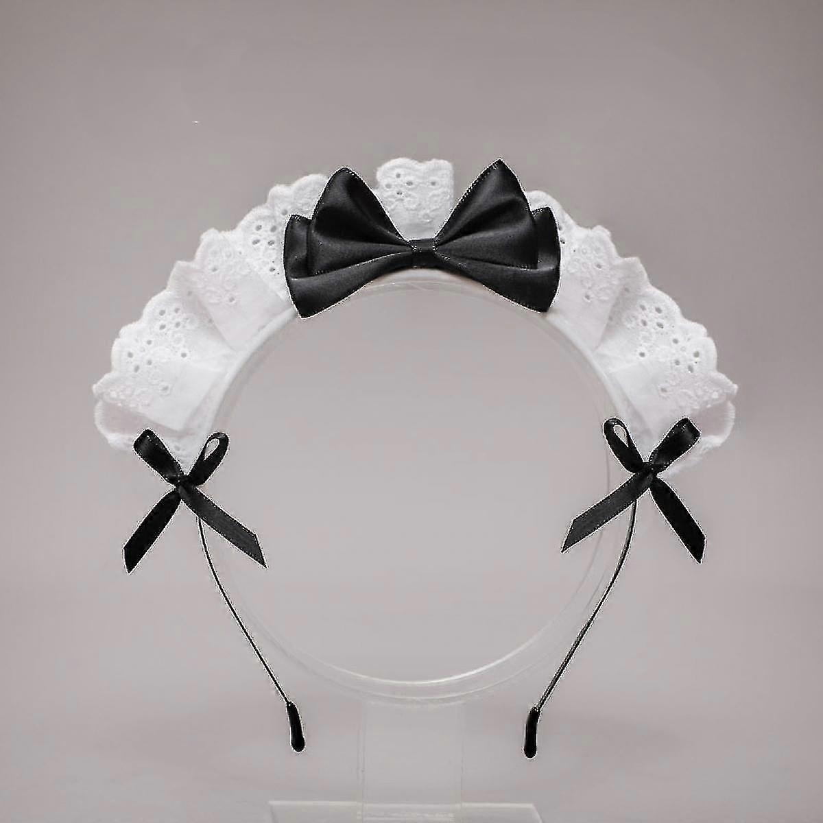Women's French Maid Headband Ribbon Lace Tiara Black/white For
