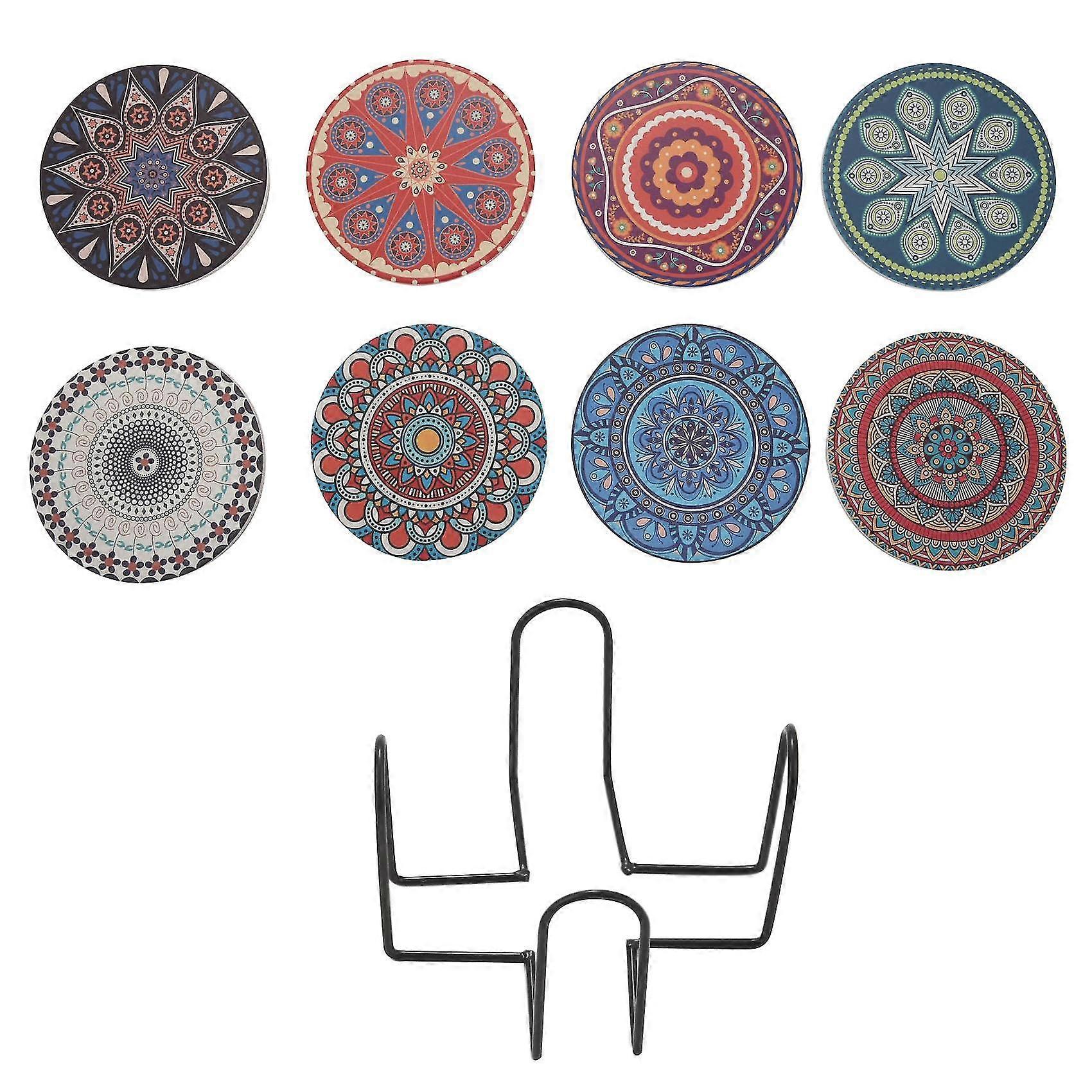 Coasters For Drinks, Set Of 8 Absorbent Stone Coasters For Wooden Table, Mandala Ceramic Coasters W