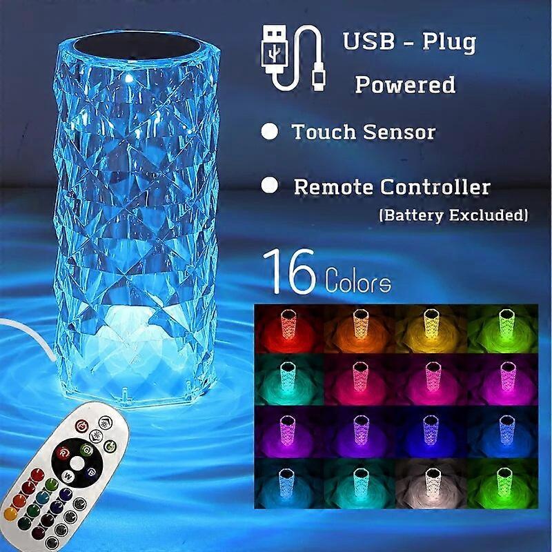 Lampe de table en cristal pour chambre à coucher 16 couleurs tactile/télécommande Veilleuse à intensité variable USB LED Lampe de chevet Diamond Rose