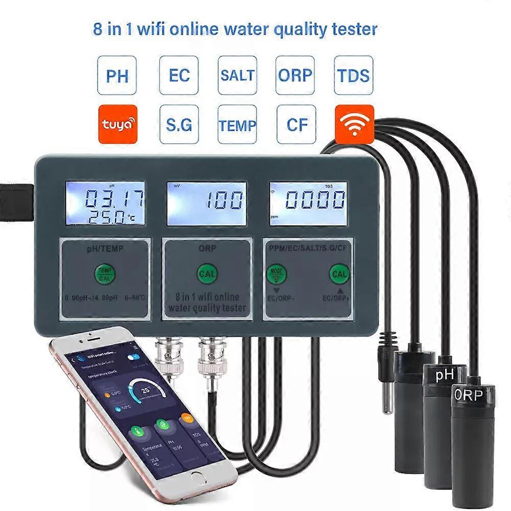 8 in1 WIFI Smart Monitor Fish Tank Pool Vannkvalitetsmåler PH ORP EC PPM test