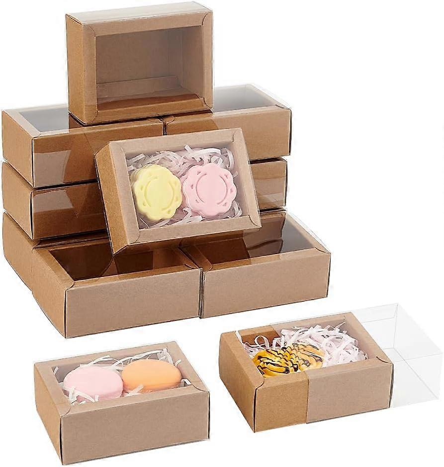 12 Pcs Rectangle Drawer Kraft Boxes 4.33x3.15x1.65 Inch Gift Packaging Case Foldable Paper Drawer Boxes with Clear Plastic Window for Party Favor Trea