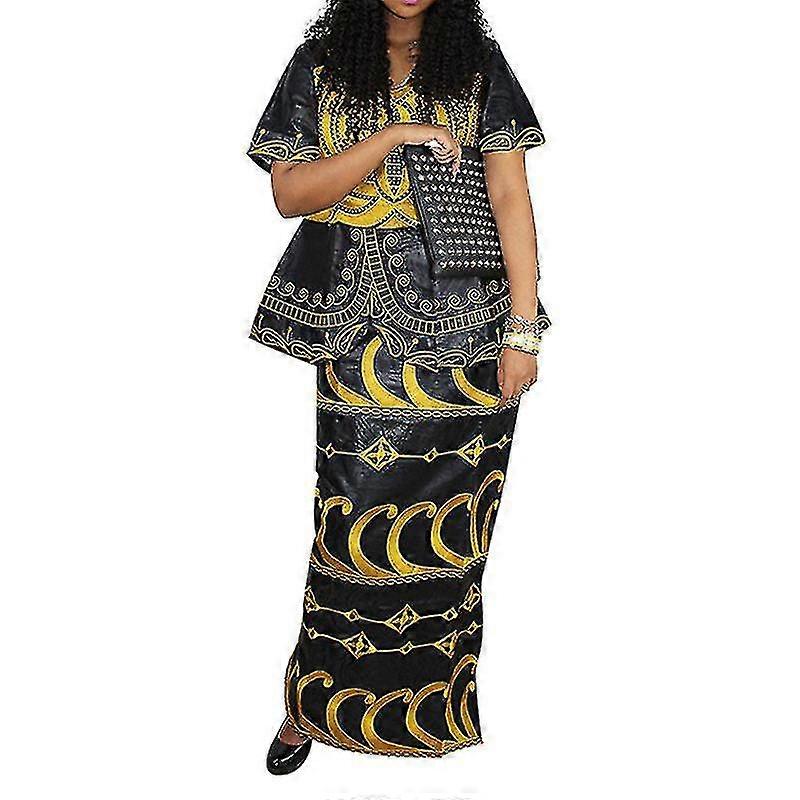 Tidoirsa فساتين أفريقية للنساء أنيقة التطريز قصيرة الأكمام كشكش الأعلى مع تنورة ماكسي (3 قطع)