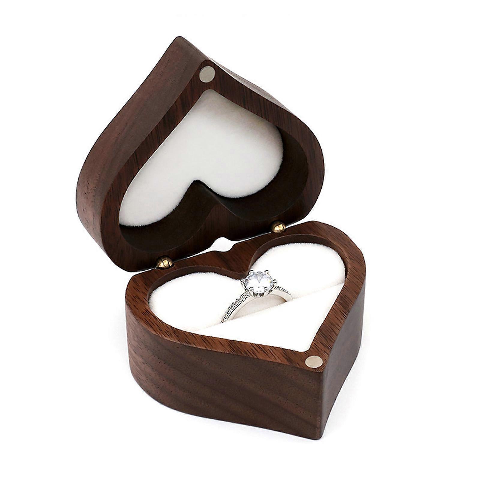 Rustic Walnut Wood Engagement Ring Box with Letter Solid Wood Heart Ring Box