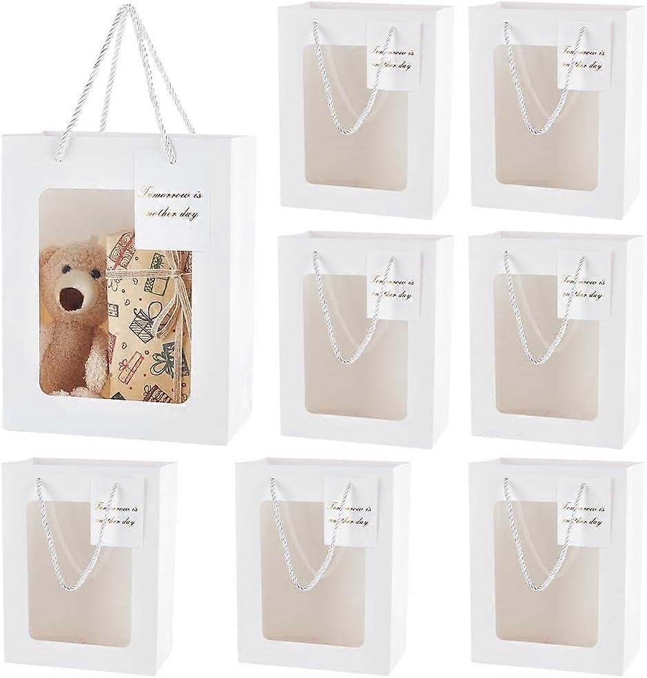 30PCS White Clear Gift Bags with Window Paper Gift Bags with Visible Window Candy Gift Paper Bags with Drawstring Handle 7x4x9inch
