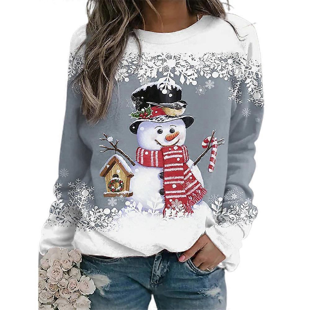 Damen Weihnachtspullover mit Schneemann- und Schneeflocken-Print, langärmelig, Rundhalsausschnitt