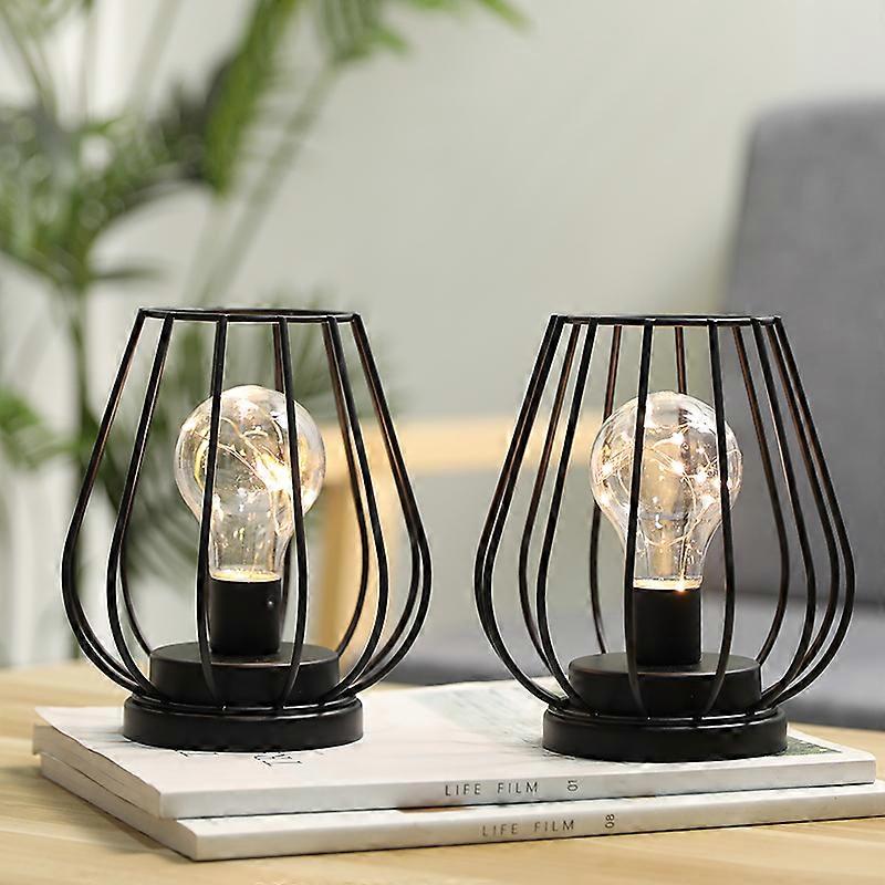 Set of 2 Metal Battery Operated Lamp 7'' Tall Mini Cage Shape Cordless Table Lamp Battery Lanterns with Warm Fairy Lights Bulb for Patio Garden Weddin