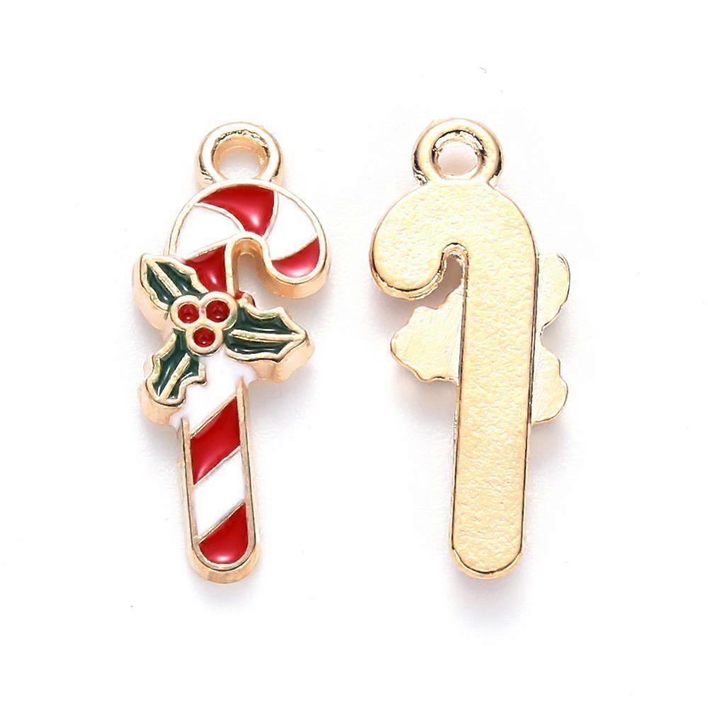 Alloy Enamel Pendants for Christmas Candy Cane Light Gold Red 19x7.5x2mm Hole: 1.5mm