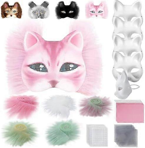 Cat Mask with Fur and Net Eye, DIY Blank Paper Masks, White Painting Paper Masks, Cat Mask for DIY Halloween Mardi Gras Party
