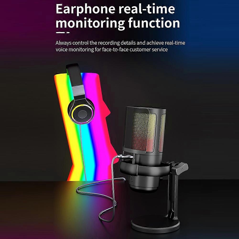 USB RGB Microphone Computer Mic Kit with Tripod Real-time Monitoring Plug & Play One Key to Mute and