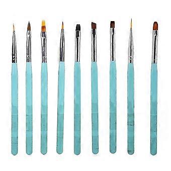 9Pcs Nail Art Brush Set Nylon Hair Nail Design Brushes with Transparent Blue Metal Rod for DIY Nail Art Designs