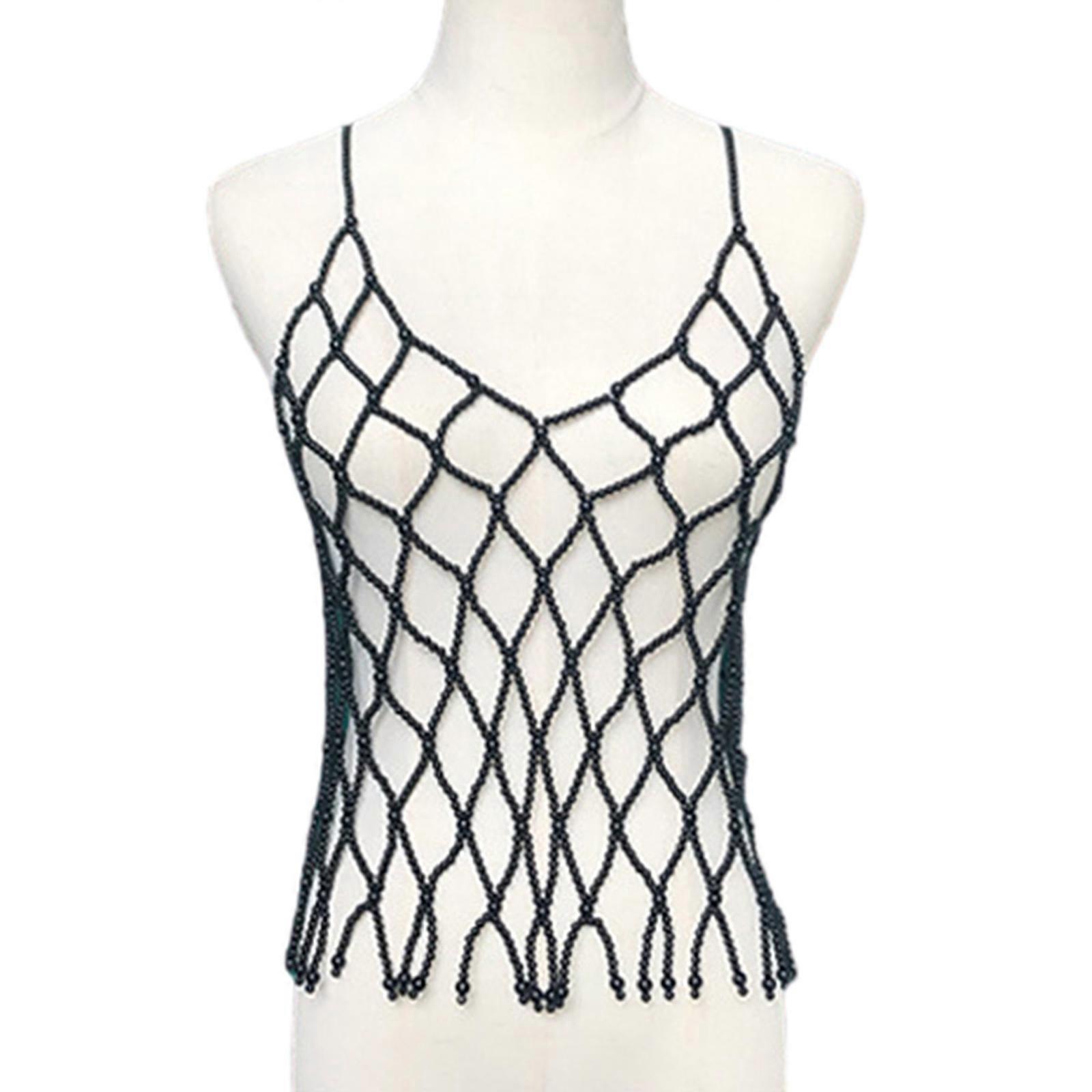 Chic Strap Vest Trendy Hollow Out Pattern Sleevelss Beads Bra Enhancing Overall Quality Versatile for Various Occasions  Black