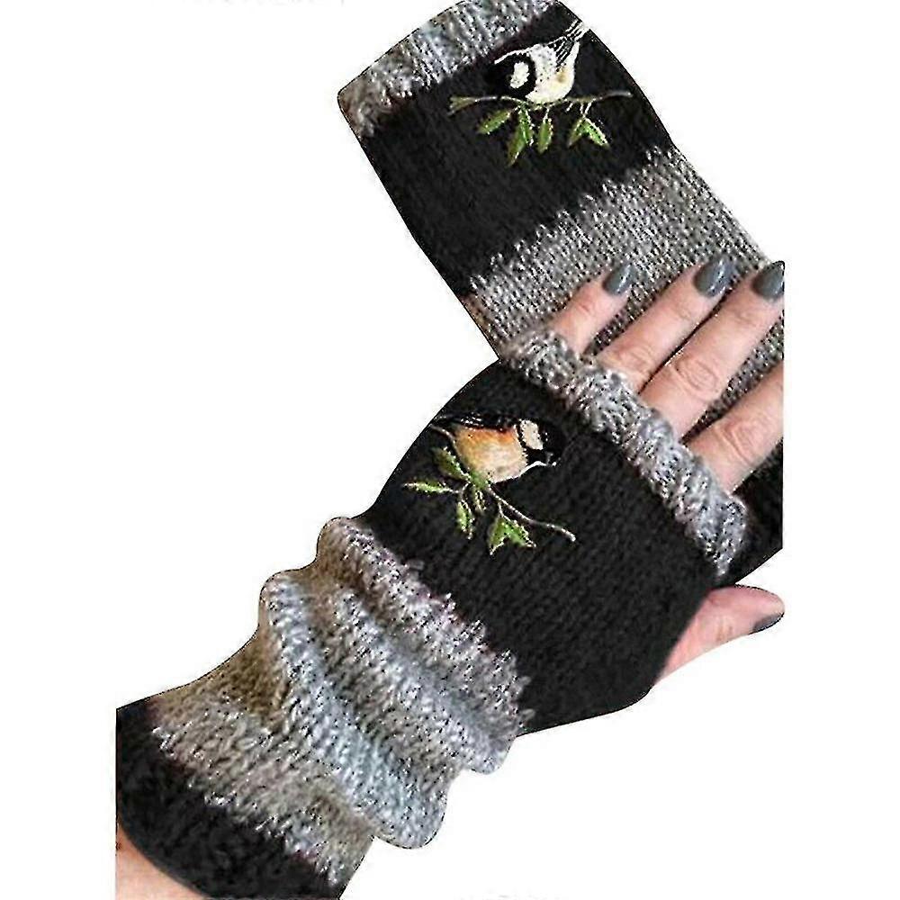 Luvas quentes bordadas com pássaros para mulheres, luvas de malha sem dedos