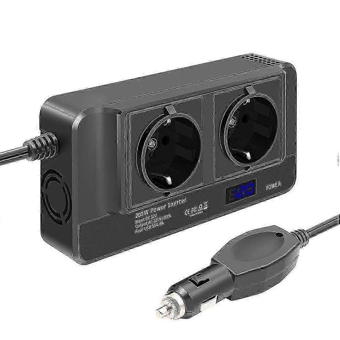 200w Car Inverter, Voltage Converter 12v To 220v With Smart Time Display Lcd, 2 Sockets And 4 Usb C - POP