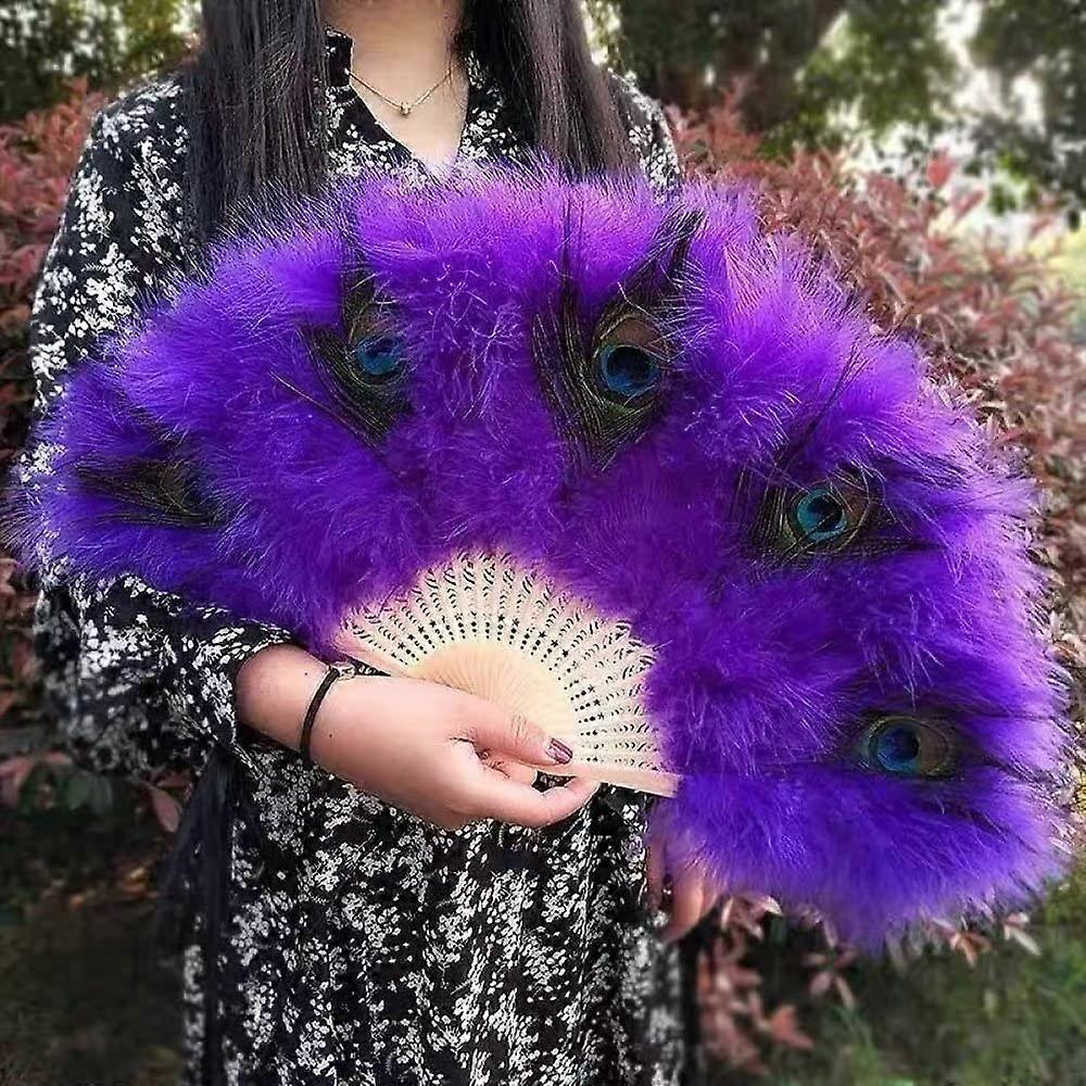 Éventail de plumes de paon violet fait à la main pliable avec pompon pour cadeaux de mariage Ref : 7623