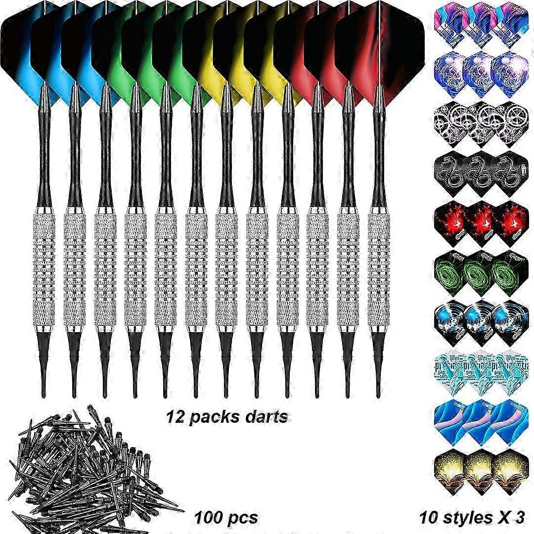 Darts Sets, 12 Packs Soft Darts with Soft Tip Points for Electronic Dartboard with 30 Dart Flights and 100 Black Plastic Dart Tips