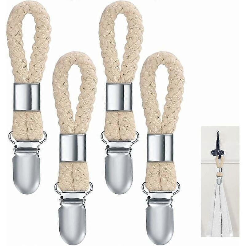 Towel hooks - 10 Tea towel hooks - Towel clips - Iron and cotton rope - beige and silver - 2.3x11.5cm - for hanging tea towel beach towel ba