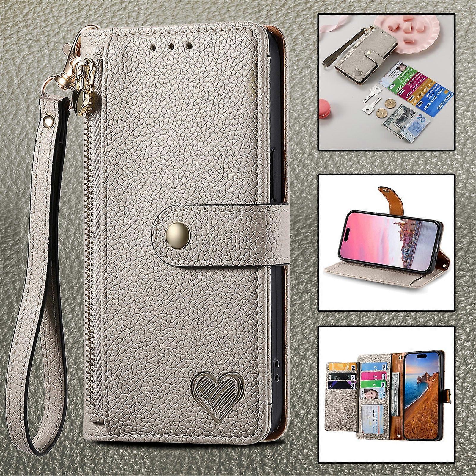 غطاء لهاتف ايفون 14 برو ماكس رمادي وأبيض [حبل قصير] مصدر جلد الحب بو ليتشي نمط مضاد