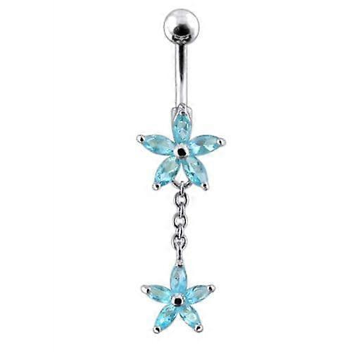 Fancy Jewelled Double Flower Dangling Ss Banana Bar Navel Ring