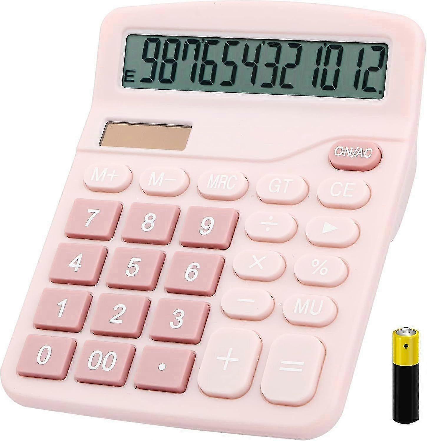 Compact 12-Digit Solar/Battery Desk Calculator with LCD Display - Pink