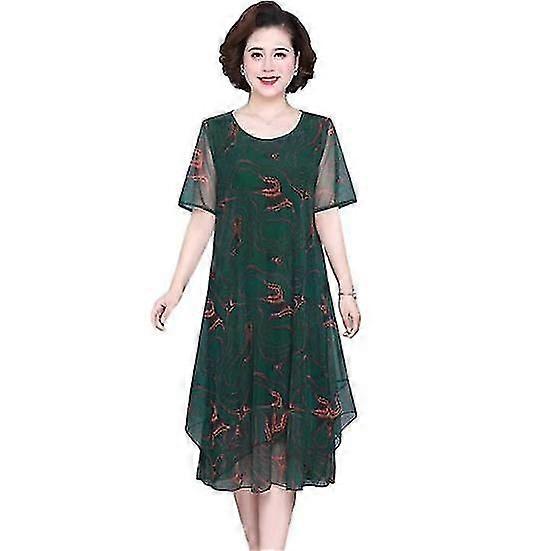 Sukienka Mother Midi Kwiatowy nadruk Dwuwarstwowe Nieregularny dół Okrągły dekolt Krótkie rękawy Długość do połowy łydki Cienka miękka sukienka dla kobiet w dużych rozmiarach