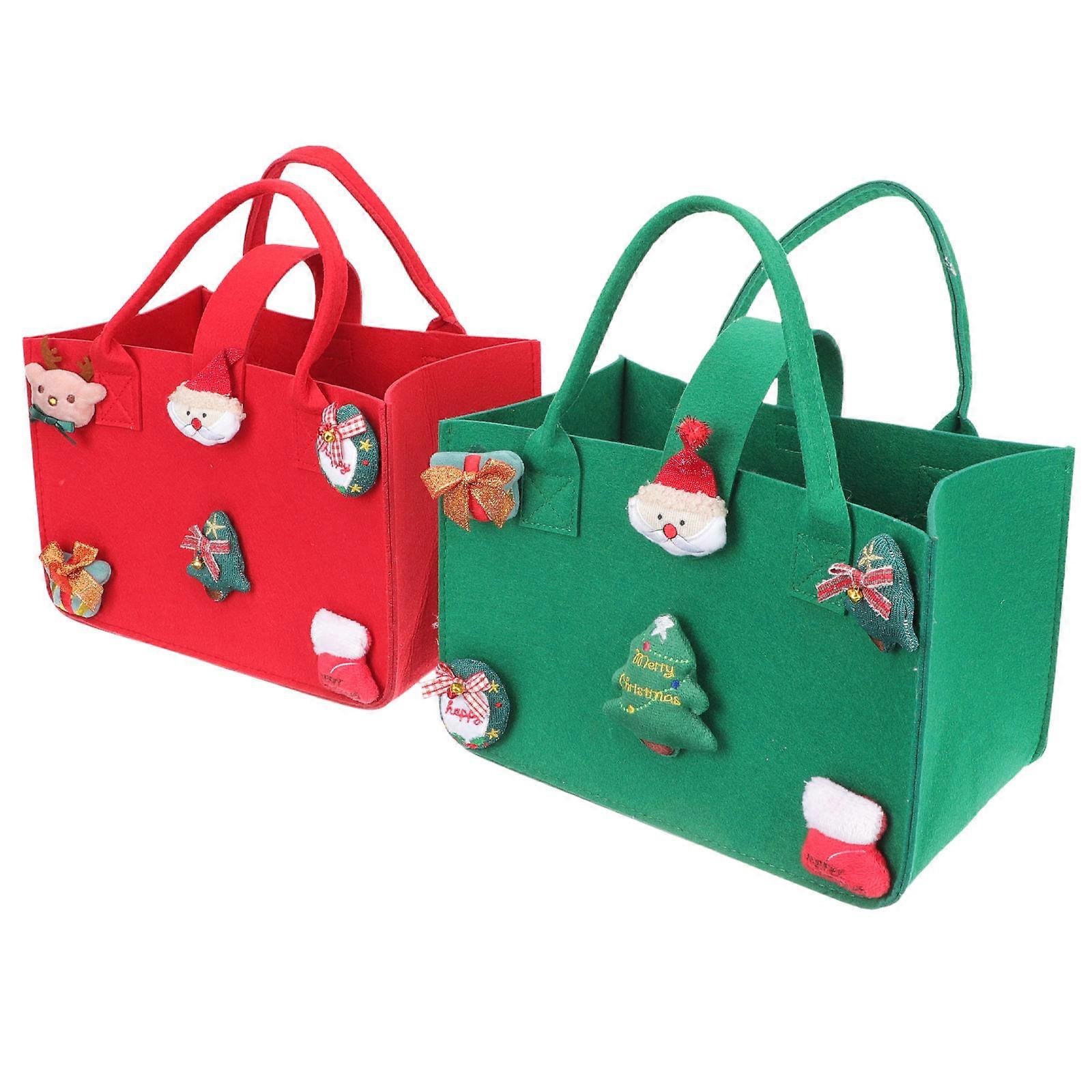 Christmas Felt Bags Reusable Holiday Tote Pouches with Fun Patterns for Candy, Treats & Showers Festive Red & Green Design