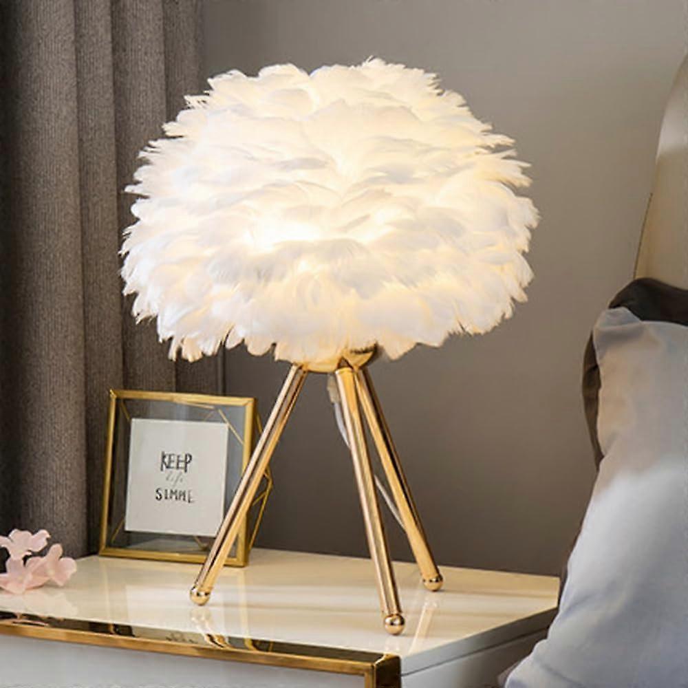 Romantic LED Feather Table Lamp E27 Socket - Elegant White Design with Golden Metal Stand, 1.5m Cable, Switch, No Bulb