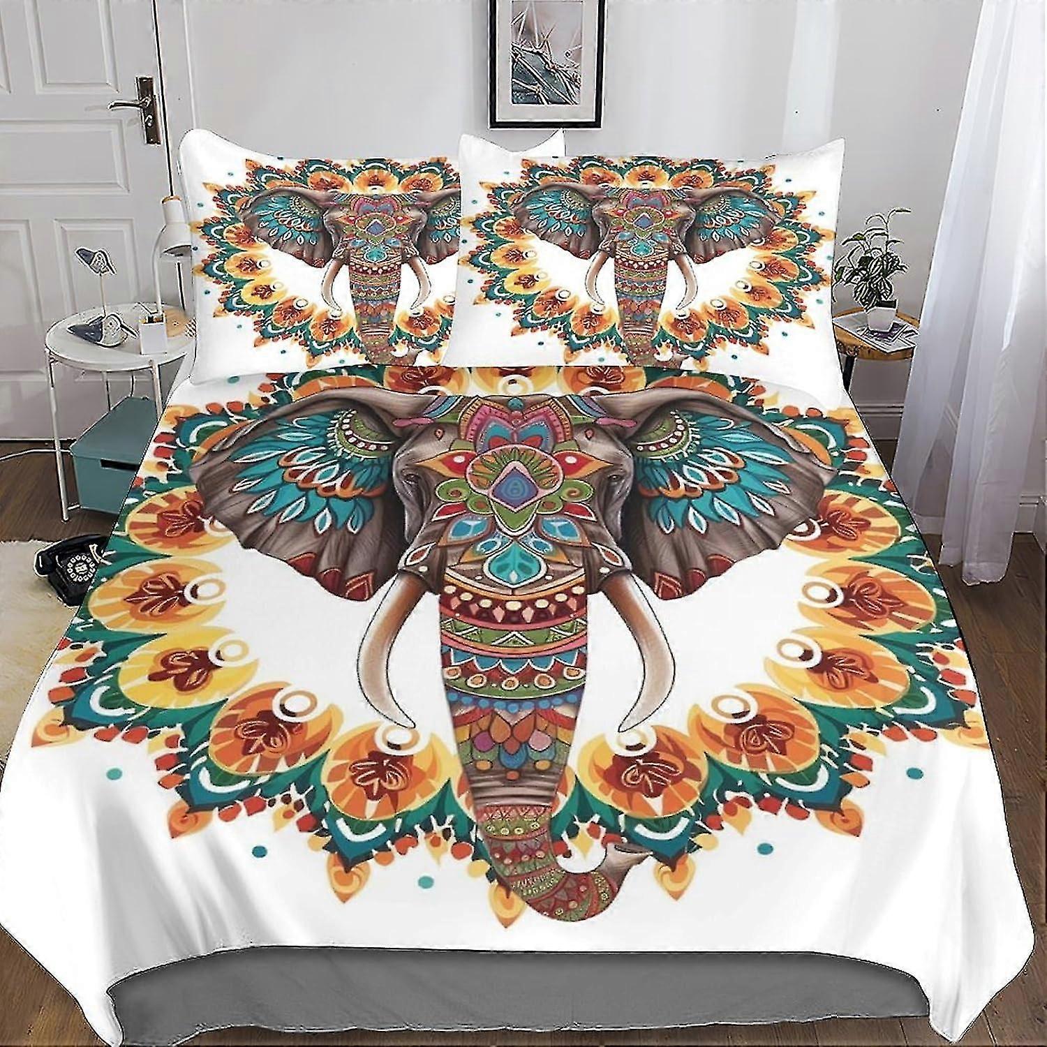3-Piece Elephant Mandala 3D Printed Duvet Cover Bedding Set with Microfiber and Hidden Zipper Closure