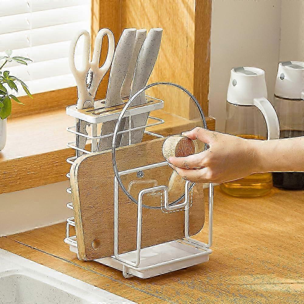 Knife rack chopping board storage rack pot lid rack clothes drying rack with drain pan kitchen countertop cabinet cookware storage rack white