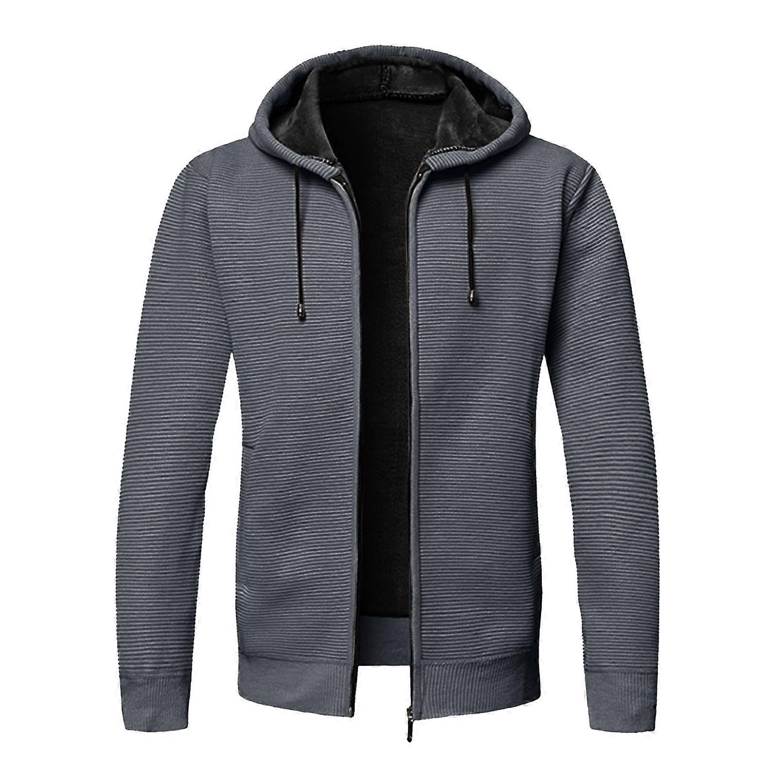 Herren Strickjacke Mit Kapuze, Dicker Kapuzenpullover, Thermo Fleece Cardigan, Freizeitjacke M Grau